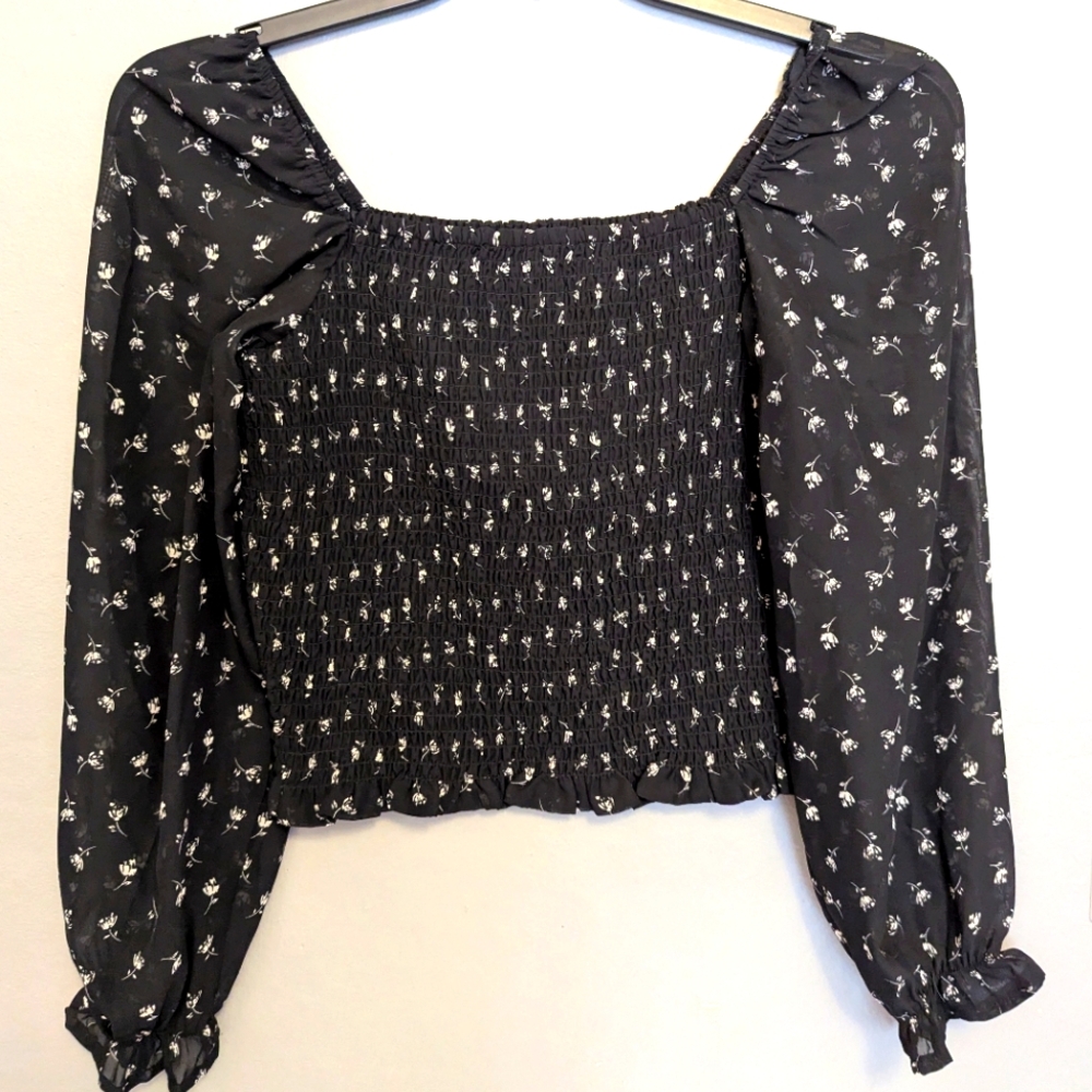 Black Floral Smocked Blouse